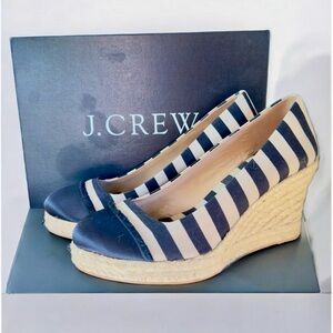 J. Crew Seville Blue & White/Nude Canvas Striped Espadrilles Wedges